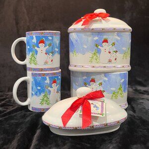 Ceramic Snowman Winter Wonderland Cookie Jar with a Lid